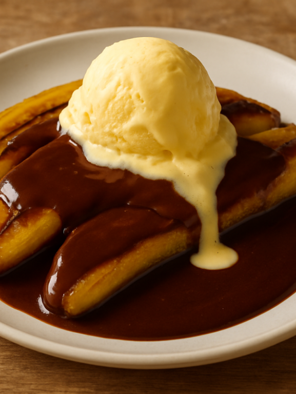 banana com calda de chocolate e sorvete de creme em prato fundo branco com calda brilhante