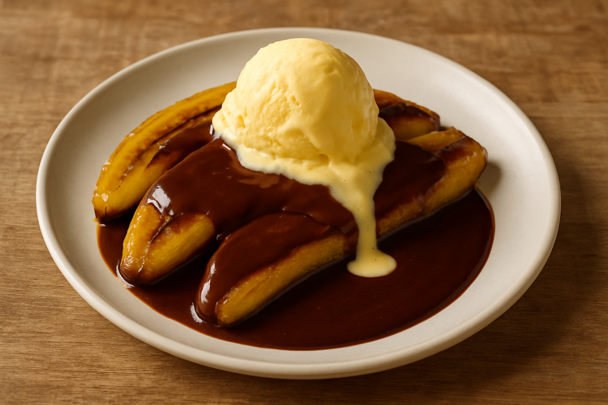 banana com calda de chocolate e sorvete de creme em prato fundo branco com calda brilhante