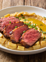 Batatas ao rosbife: fatias de filé mignon suculento sobre purê cremoso de mandioquinha com cebolinha