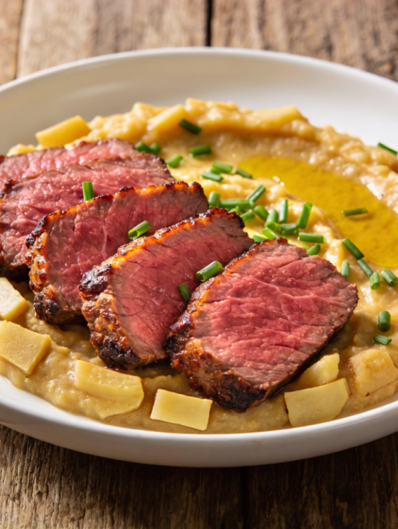Batatas ao rosbife: fatias de filé mignon suculento sobre purê cremoso de mandioquinha com cebolinha