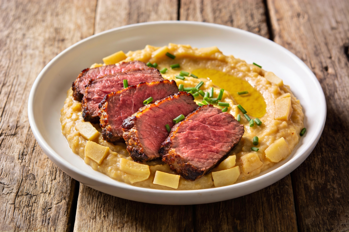 Batatas ao rosbife: fatias de filé mignon suculento sobre purê cremoso de mandioquinha com cebolinha