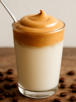 copo de batida de café cremosa com espuma marrom-clara sobre leite gelado