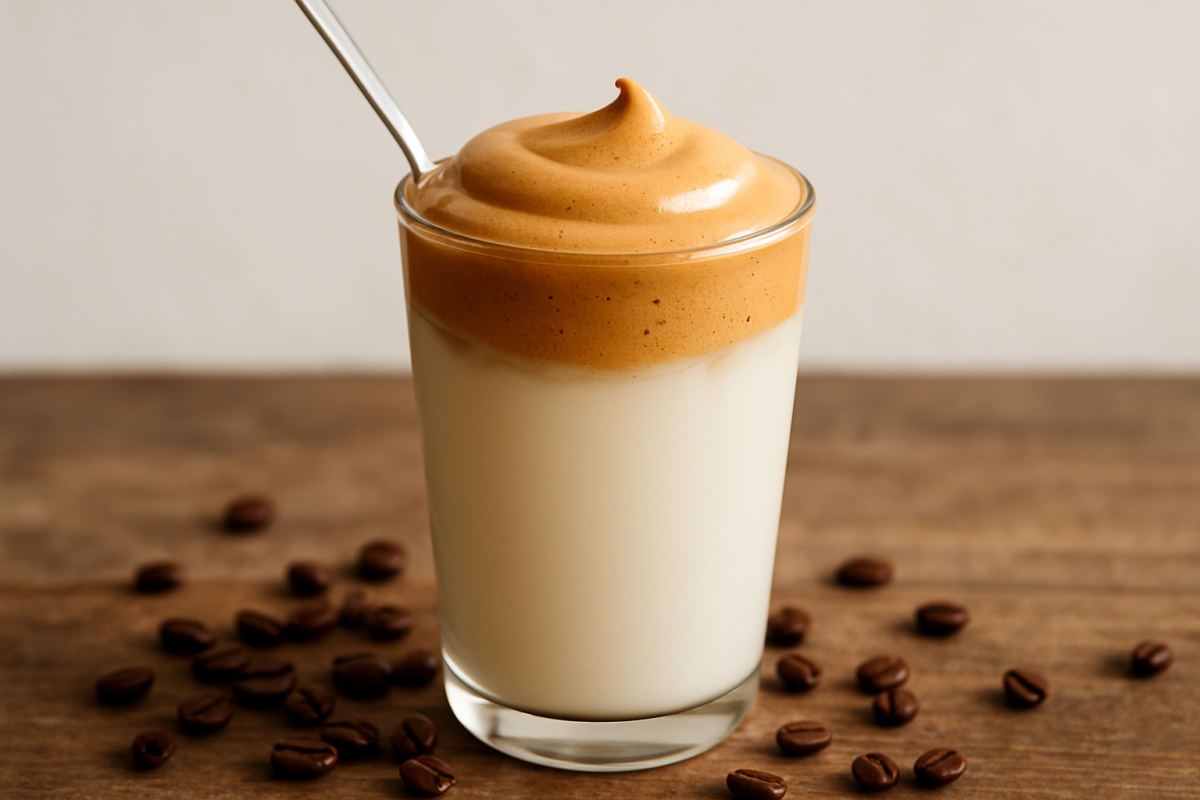 copo de batida de café cremosa com espuma marrom-clara sobre leite gelado