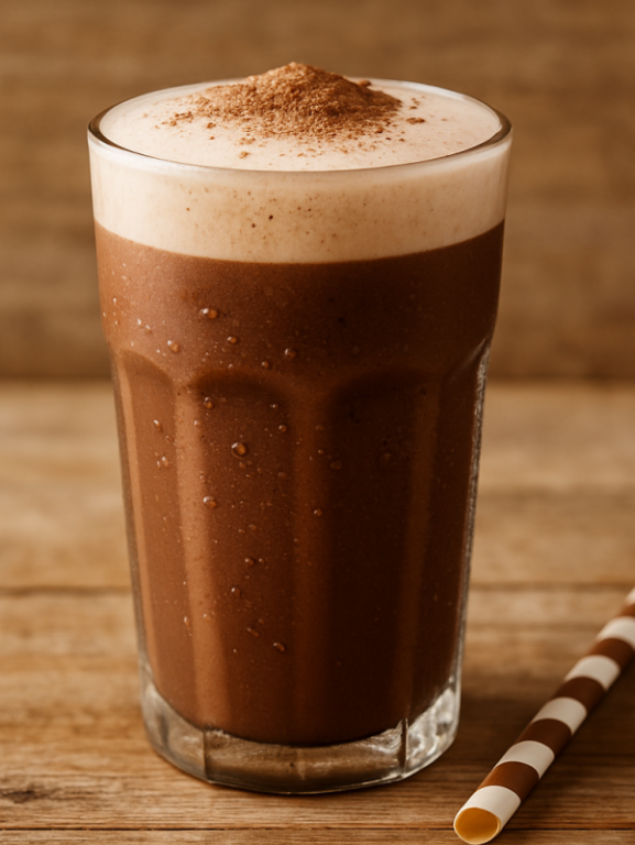 copo com batida de chocolate cremosa gelada polvilhada com chocolate em pó