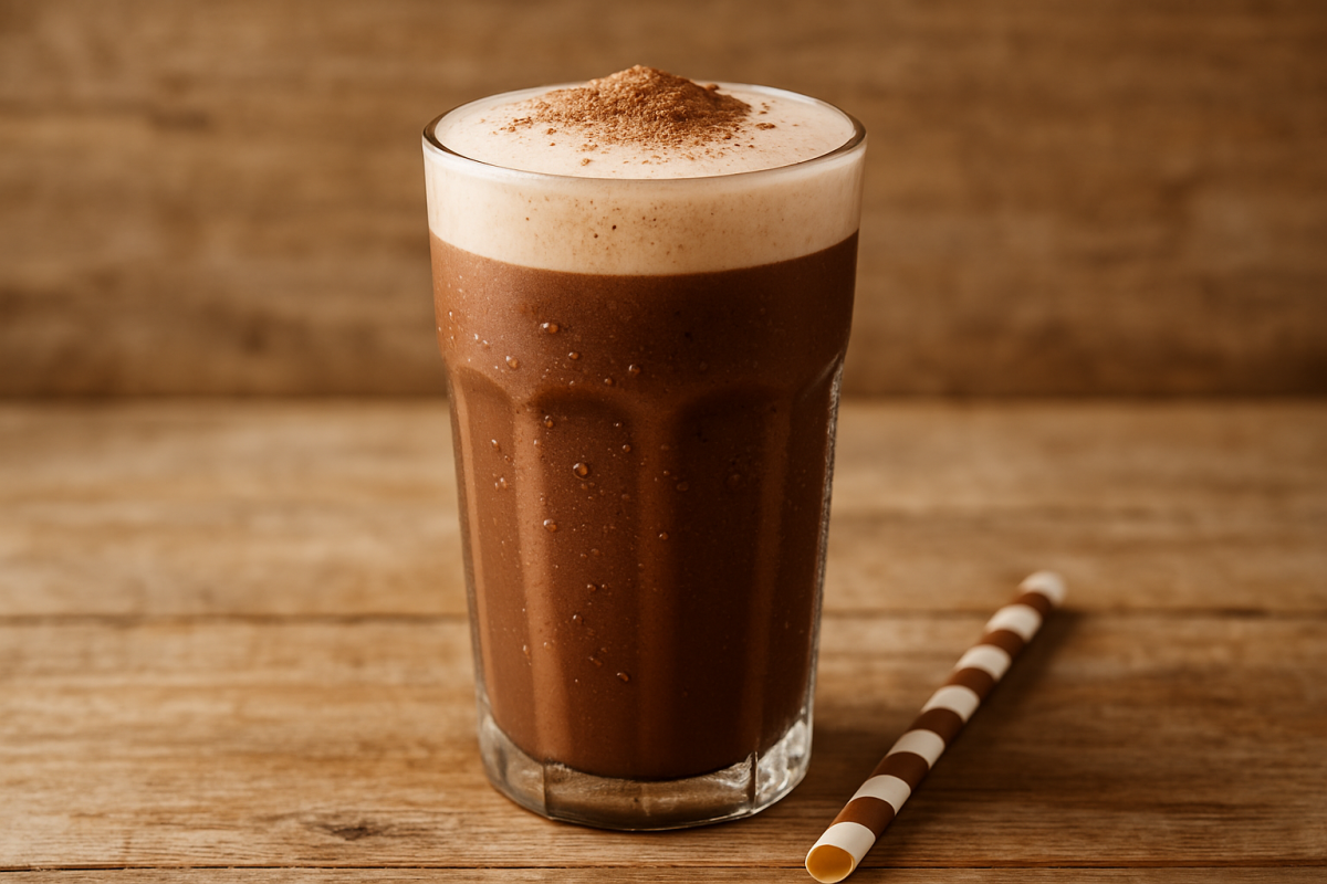 copo com batida de chocolate cremosa gelada polvilhada com chocolate em pó