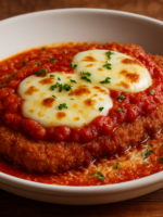 bife sem açúcar à milanesa empanado gratinado com mussarela e molho de tomate em prato branco