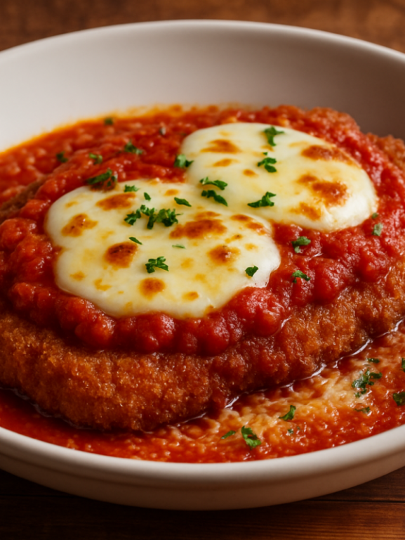 bife sem açúcar à milanesa empanado gratinado com mussarela e molho de tomate em prato branco