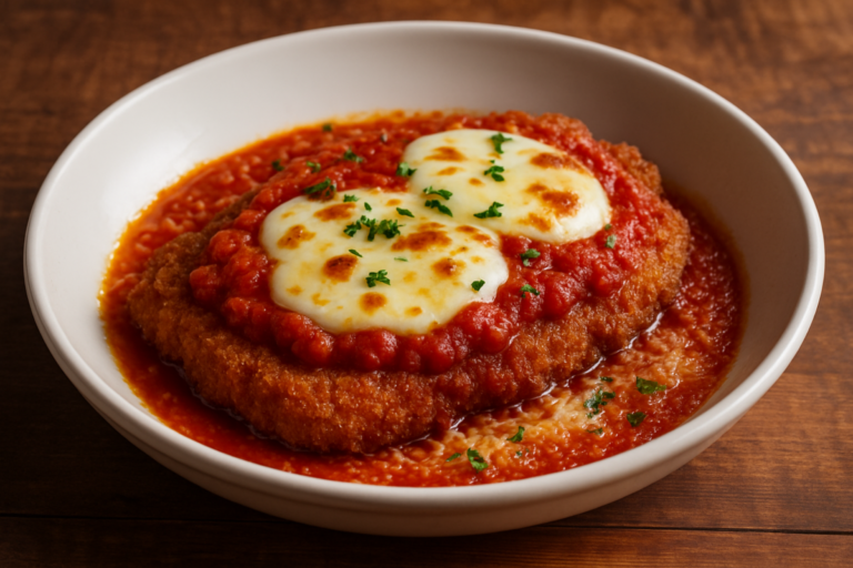 bife sem açúcar à milanesa empanado gratinado com mussarela e molho de tomate em prato branco