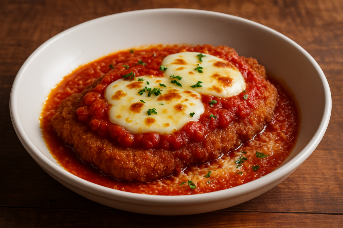 bife sem açúcar à milanesa empanado gratinado com mussarela e molho de tomate em prato branco