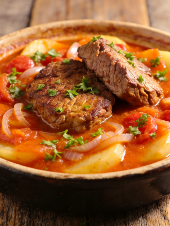 bife de batata suculento com molho encorpado de cebola e tomate em prato fundo
