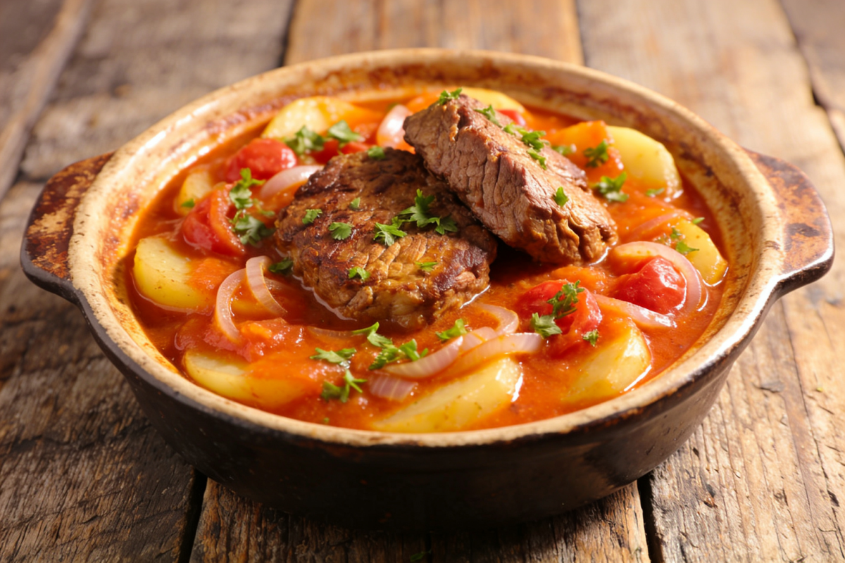 bife de batata suculento com molho encorpado de cebola e tomate em prato fundo