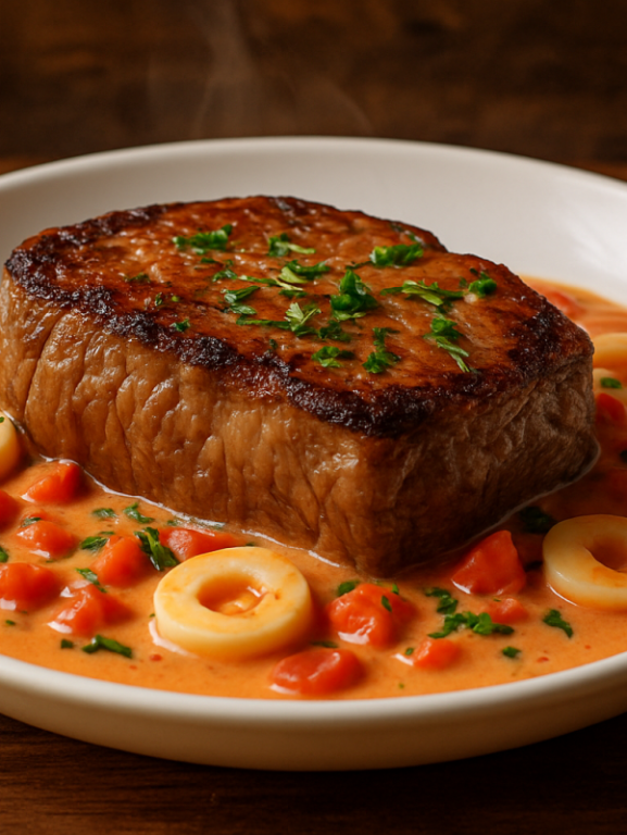 Bife Delicia com molho cremoso de palmito e tomate servido em prato branco com salsinha