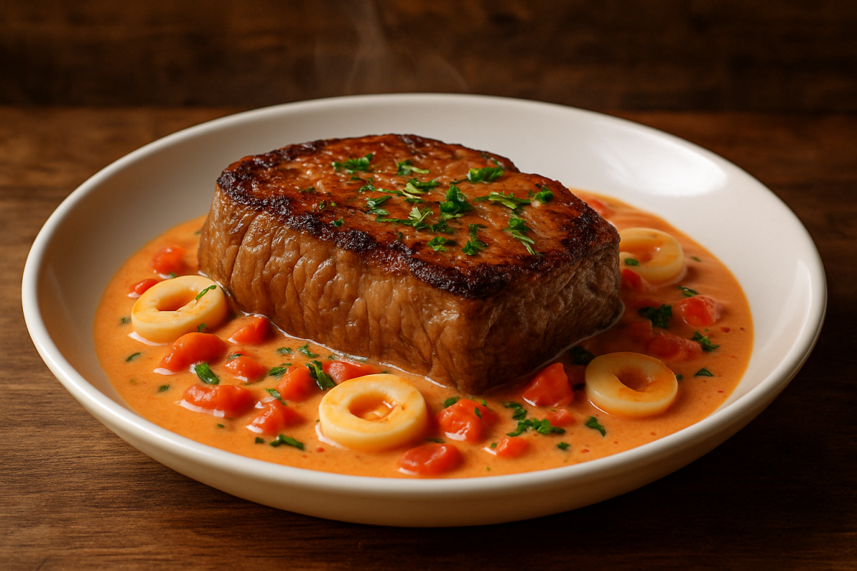 Bife Delicia com molho cremoso de palmito e tomate servido em prato branco com salsinha