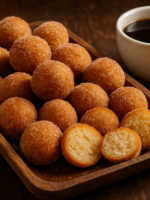 bolinhas de leite em pó fritas e douradas cobertas com açúcar e canela em travessa rústica