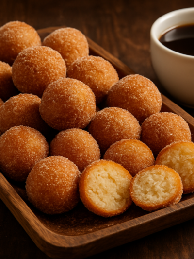 bolinhas de leite em pó fritas e douradas cobertas com açúcar e canela em travessa rústica