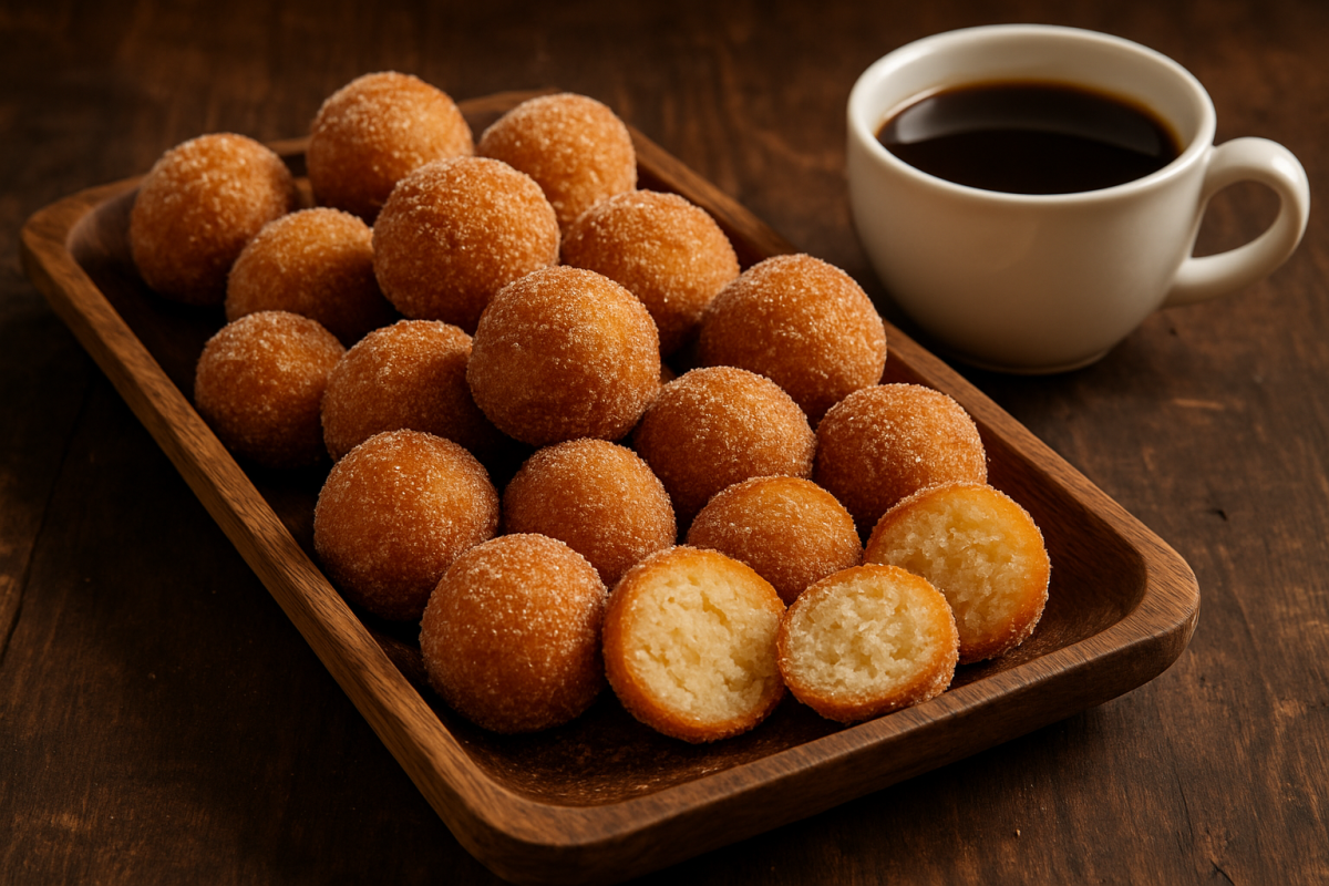 bolinhas de leite em pó fritas e douradas cobertas com açúcar e canela em travessa rústica