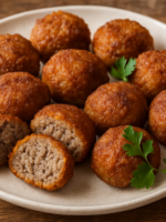 Bolinho de carne frito dourado e crocante servido em prato branco com salsa fresca
