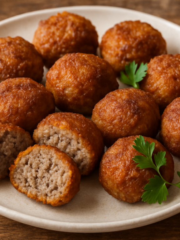 Bolinho de carne frito dourado e crocante servido em prato branco com salsa fresca
