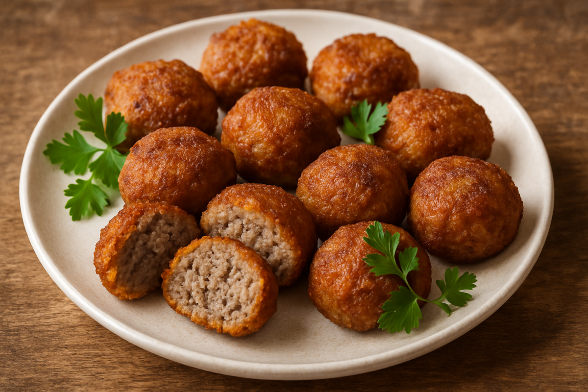 Bolinho de carne frito dourado e crocante servido em prato branco com salsa fresca