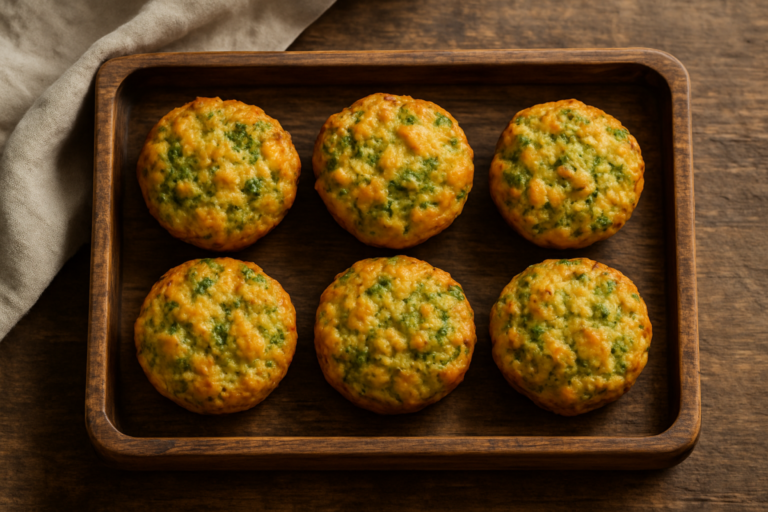bolinho nutritivo integral de frango e brócolis assado, dourado e servido em bandeja de madeira