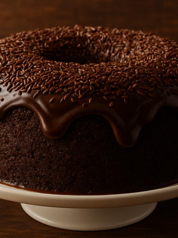 Fatia de bolo brigadeiro com cobertura cremosa de chocolate e granulado em prato branco