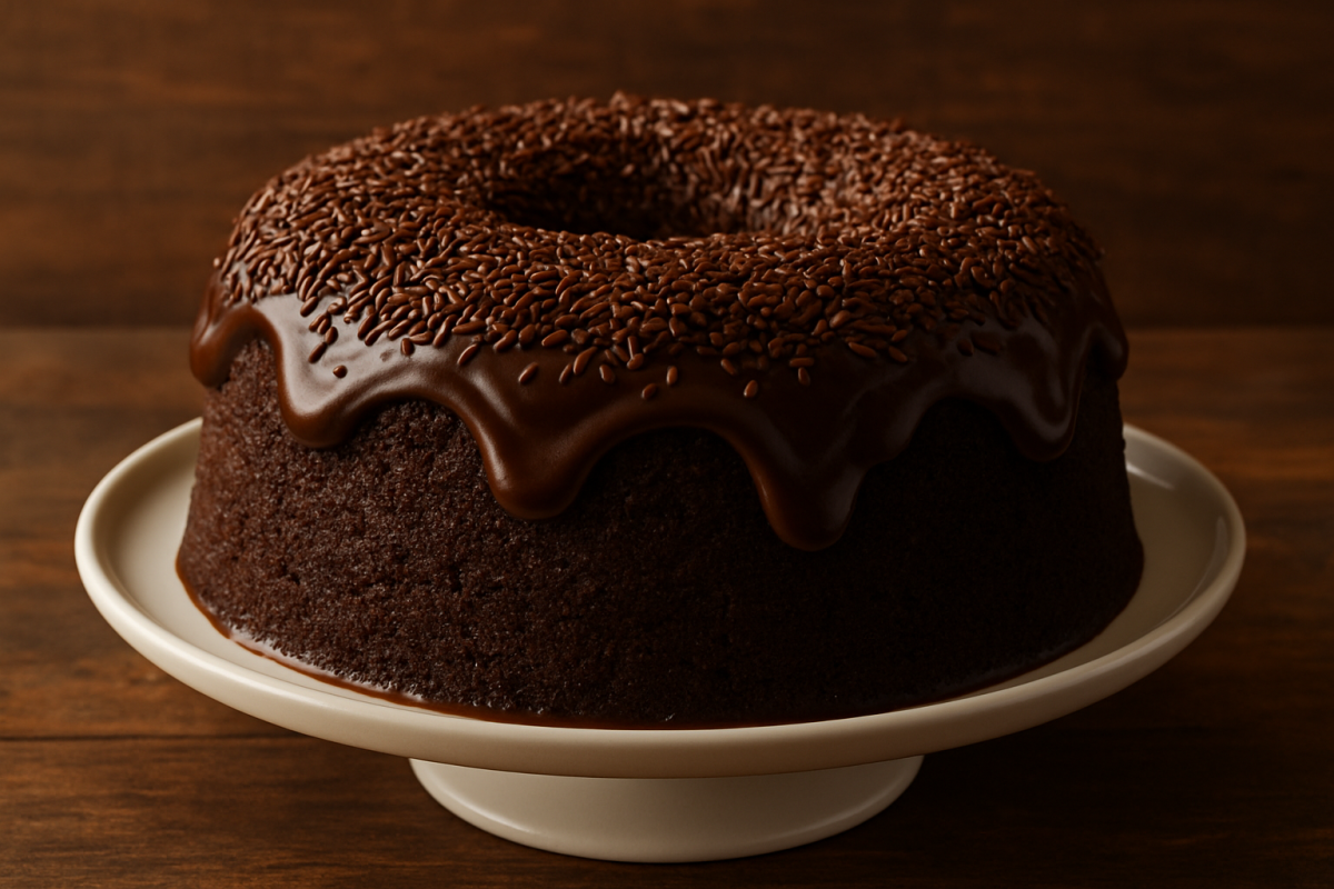 Fatia de bolo brigadeiro com cobertura cremosa de chocolate e granulado em prato branco