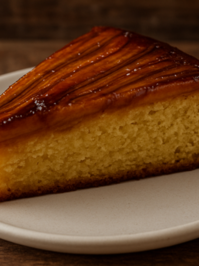 fatia de bolo de banana air fryer crocante com miolo fofinho e casca dourada caramelizada
