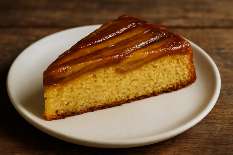 Fatia de bolo de banana fofinho feito na air fryer, com miolo aerado e casquinha dourada