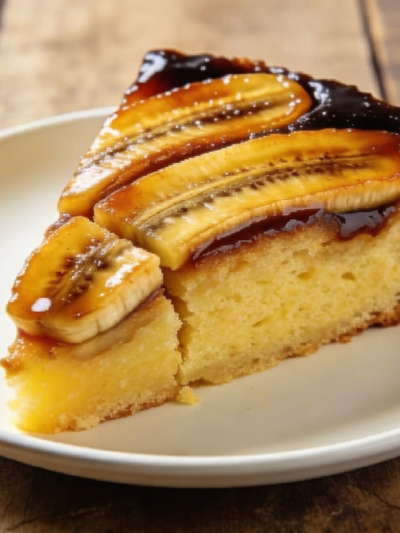 fatia de bolo de banana na air fryer fofinho com miolo macio dourado em prato branco