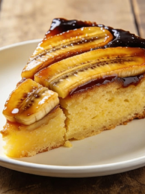 fatia de bolo de banana na air fryer fofinho com miolo macio dourado em prato branco