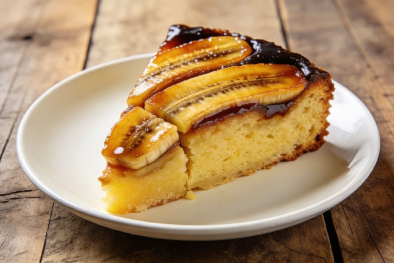 fatia de bolo de banana na air fryer fofinho com miolo macio dourado em prato branco