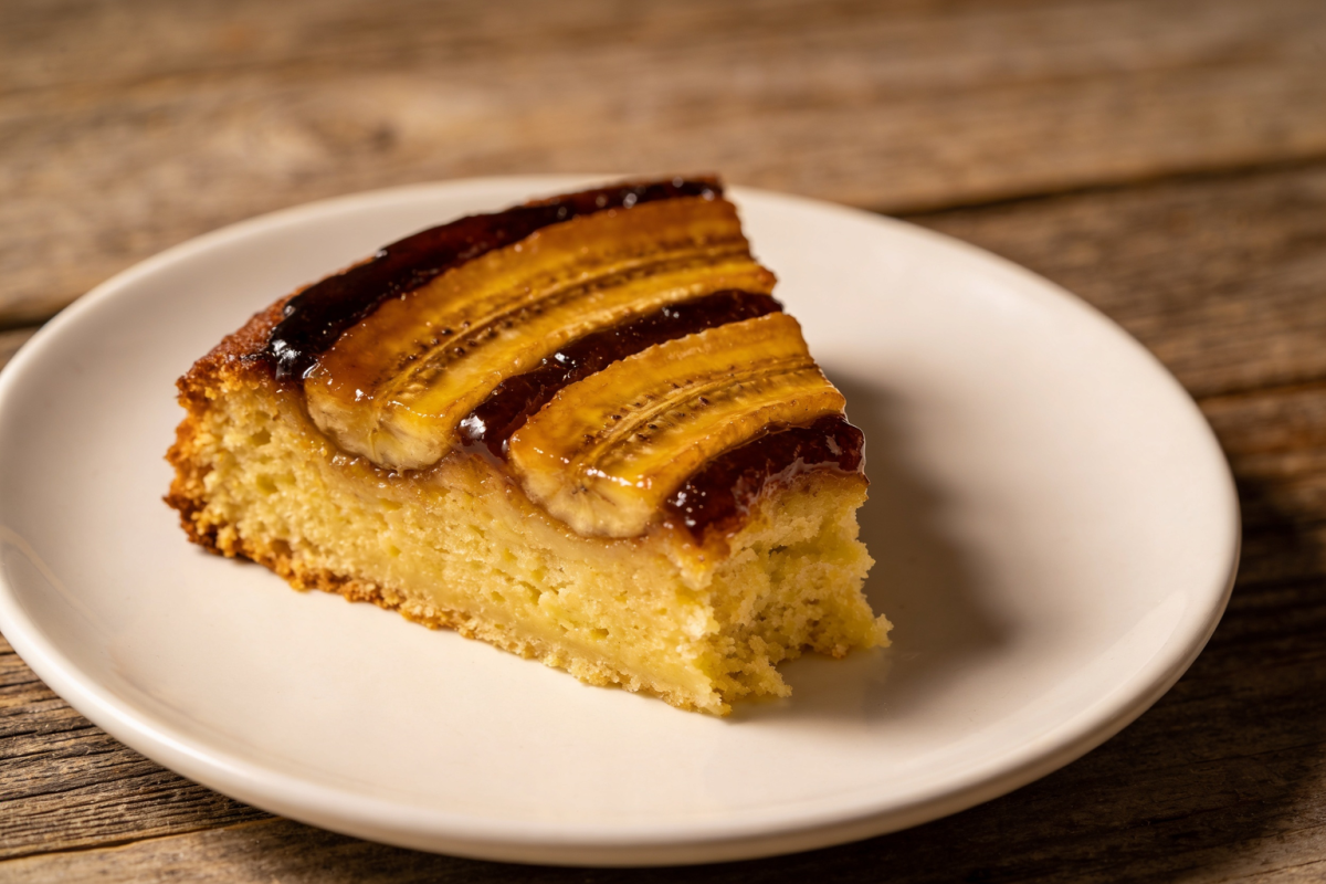 Fatia de bolo de banana de liquidificador fofinho com miolo aerado e cor amarelo-dourada em prato branco