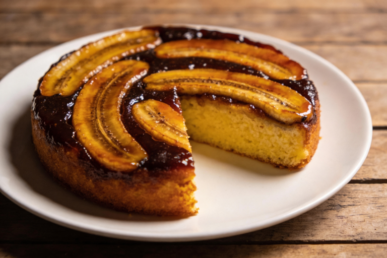 fatia de bolo de banana na fritadeira sem óleo caseira fofinho em prato branco