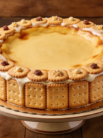 bolo de bolacha de nata com camadas de chantilly e creme de gemas coberto de coco ralado em prato branco