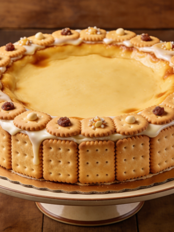 bolo de bolacha de nata com camadas de chantilly e creme de gemas coberto de coco ralado em prato branco