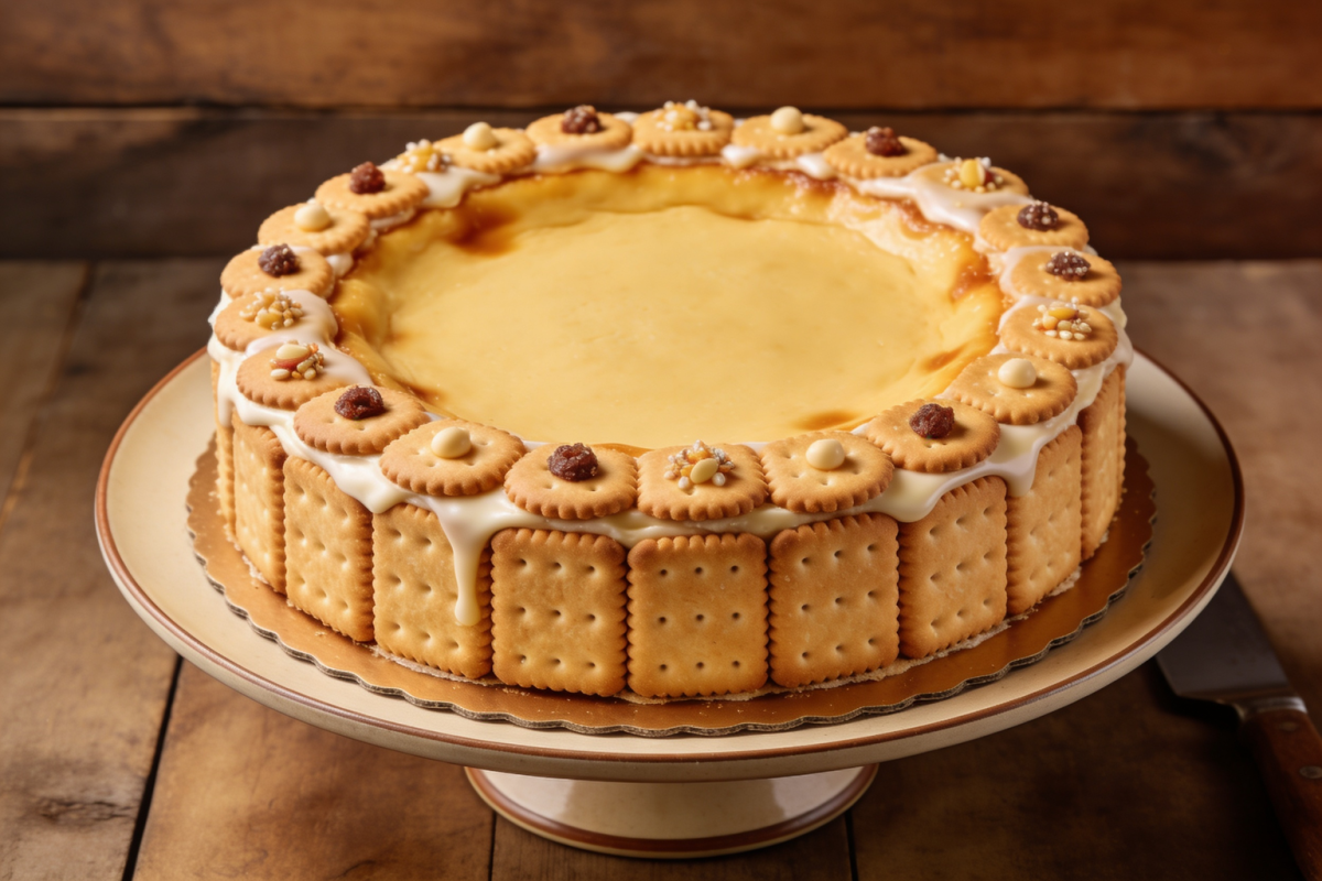 bolo de bolacha de nata com camadas de chantilly e creme de gemas coberto de coco ralado em prato branco