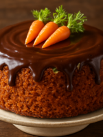 Fatia de bolo de cenoura airfryer crocante com cobertura de chocolate brilhante e miolo alaranjado fofinho