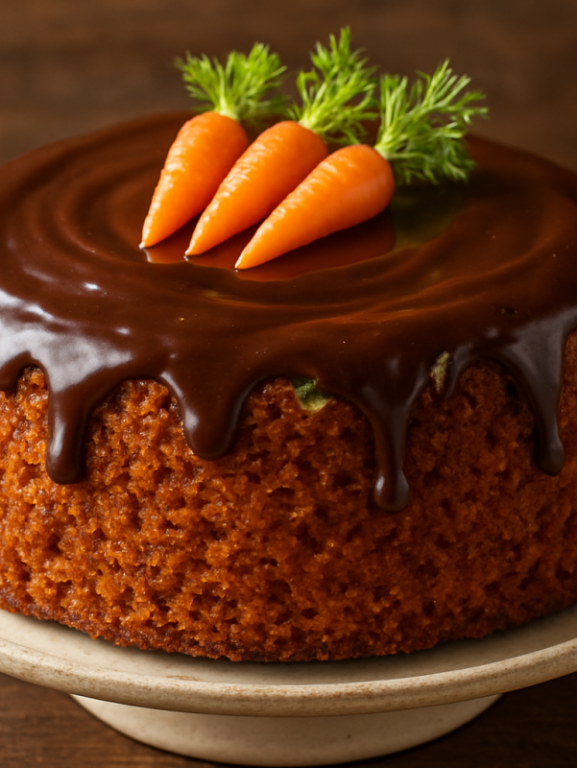 Fatia de bolo de cenoura airfryer crocante com cobertura de chocolate brilhante e miolo alaranjado fofinho