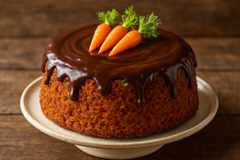 Fatia de bolo de cenoura airfryer crocante com cobertura de chocolate brilhante e miolo alaranjado fofinho