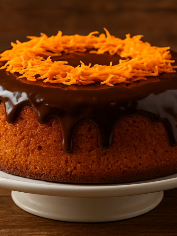 Fatia de bolo de cenoura airfryer com cobertura de chocolate escorrendo, miolo fofinho e laranja ao fundo