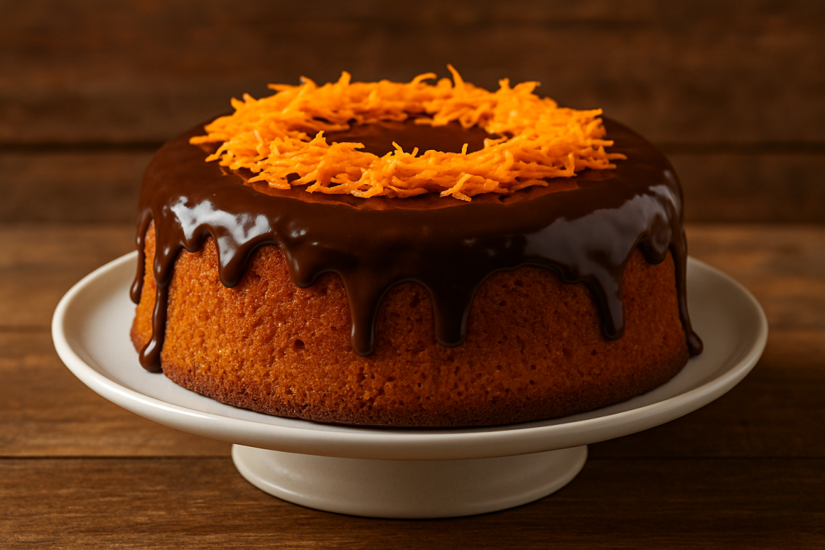 Fatia de bolo de cenoura airfryer com cobertura de chocolate escorrendo, miolo fofinho e laranja ao fundo