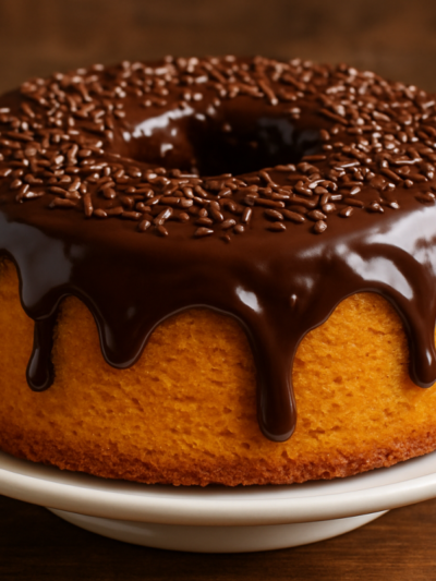 Fatia de bolo de cenoura na air fryer com cobertura de chocolate escorrendo, miolo fofinho e alaranjado