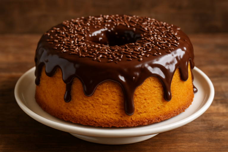 Fatia de bolo de cenoura na air fryer com cobertura de chocolate escorrendo, miolo fofinho e alaranjado