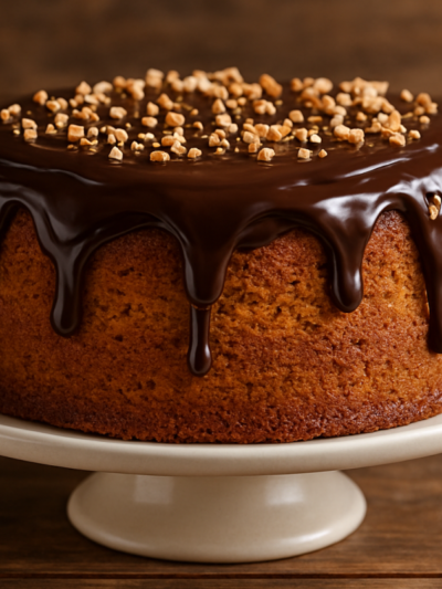 Fatia de bolo de cenoura gourmet fofinho com cobertura de ganache de chocolate meio amargo