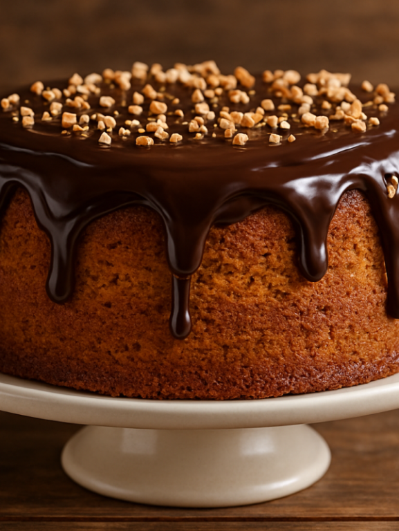 Fatia de bolo de cenoura gourmet fofinho com cobertura de ganache de chocolate meio amargo