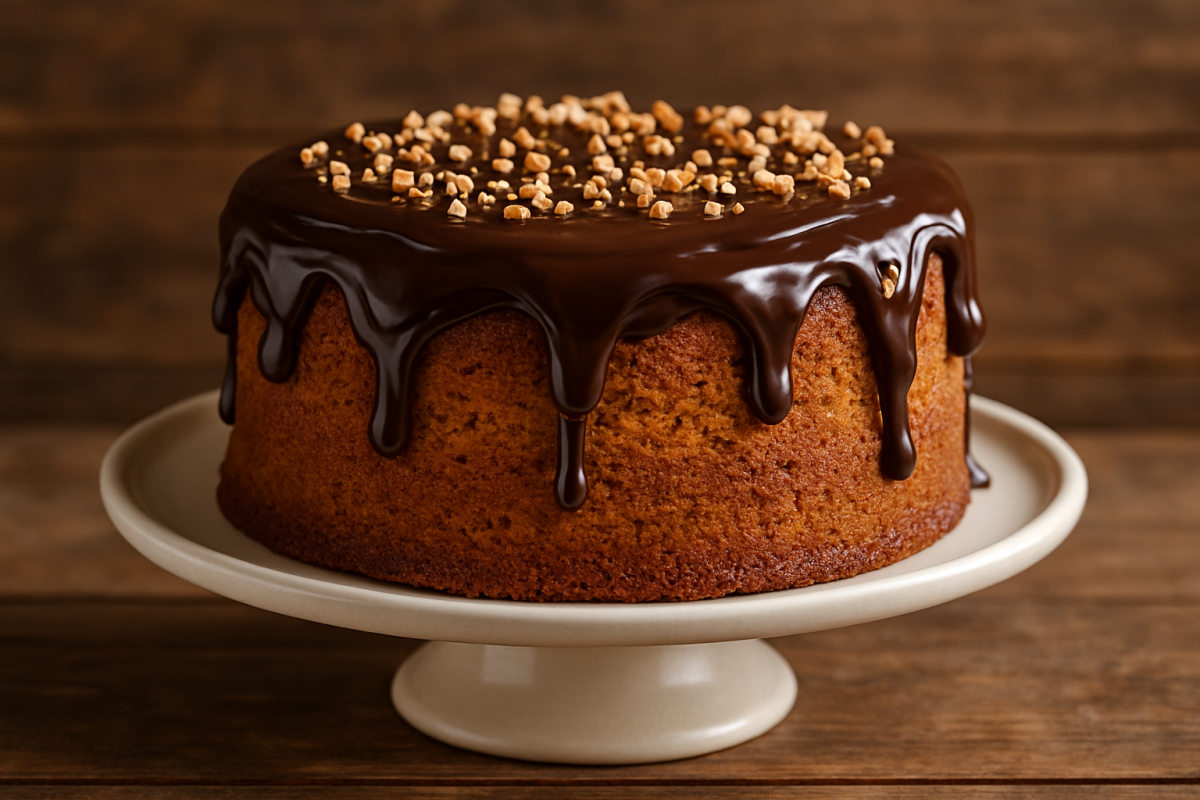 Fatia de bolo de cenoura gourmet fofinho com cobertura de ganache de chocolate meio amargo