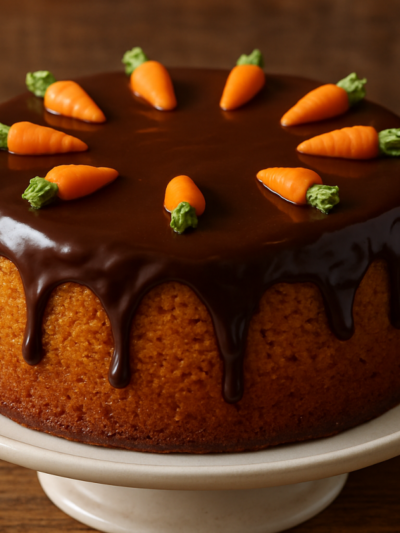 fatia de bolo de cenoura na air fryer fácil com cobertura de chocolate em prato branco