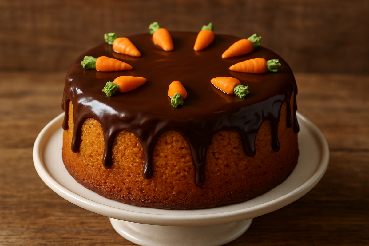 fatia de bolo de cenoura na air fryer fácil com cobertura de chocolate em prato branco