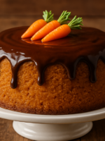 fatia de bolo de cenoura na fritadeira sem óleo caseira com cobertura de chocolate cremosa em prato branco