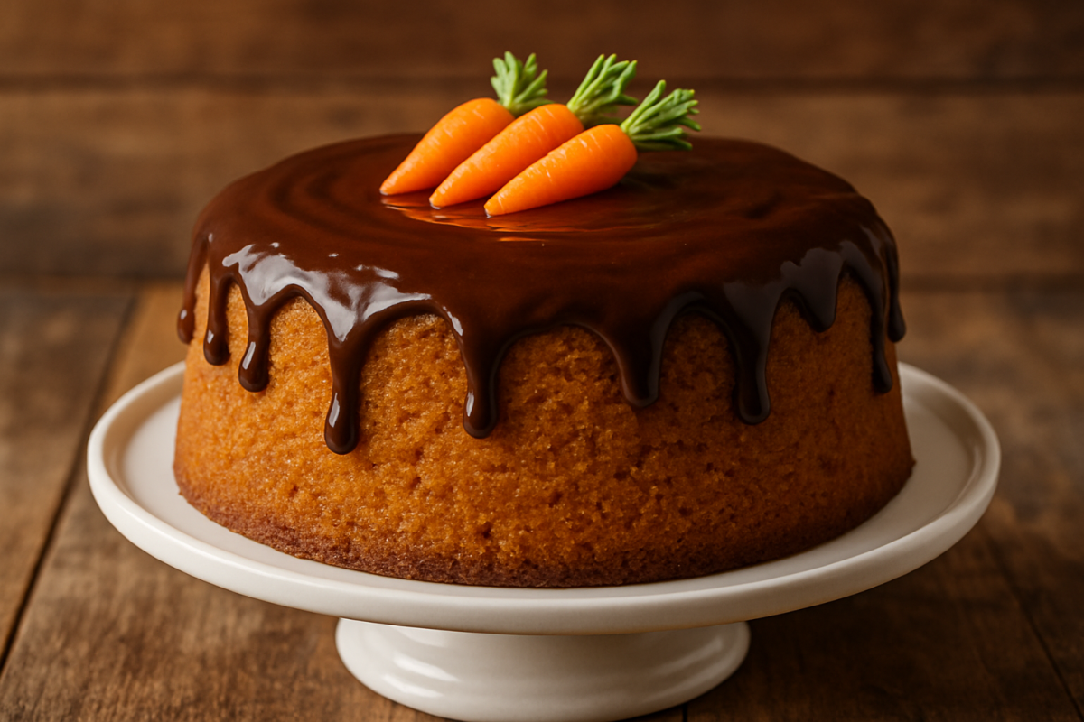 fatia de bolo de cenoura na fritadeira sem óleo caseira com cobertura de chocolate cremosa em prato branco